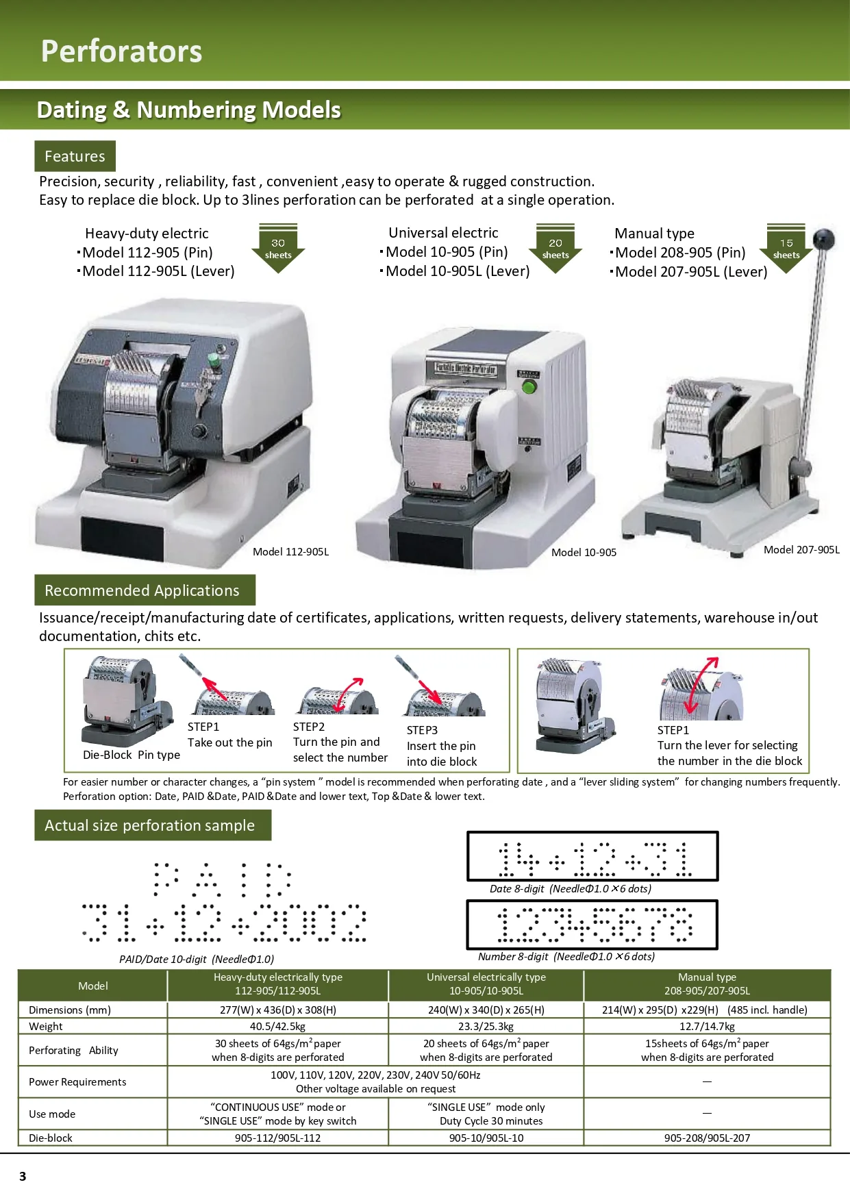 New Kon 112-905 series reference 1; die configuration and specifications vary by model