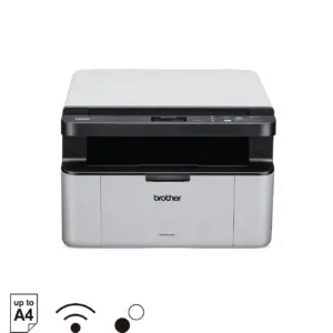 Front view of the Brother DCP-1610W wireless monochrome laser printer on white background.