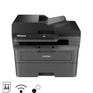 Front three-quarter view of the Brother DCP-L2640DW mono laser multi-function printer on a white background.