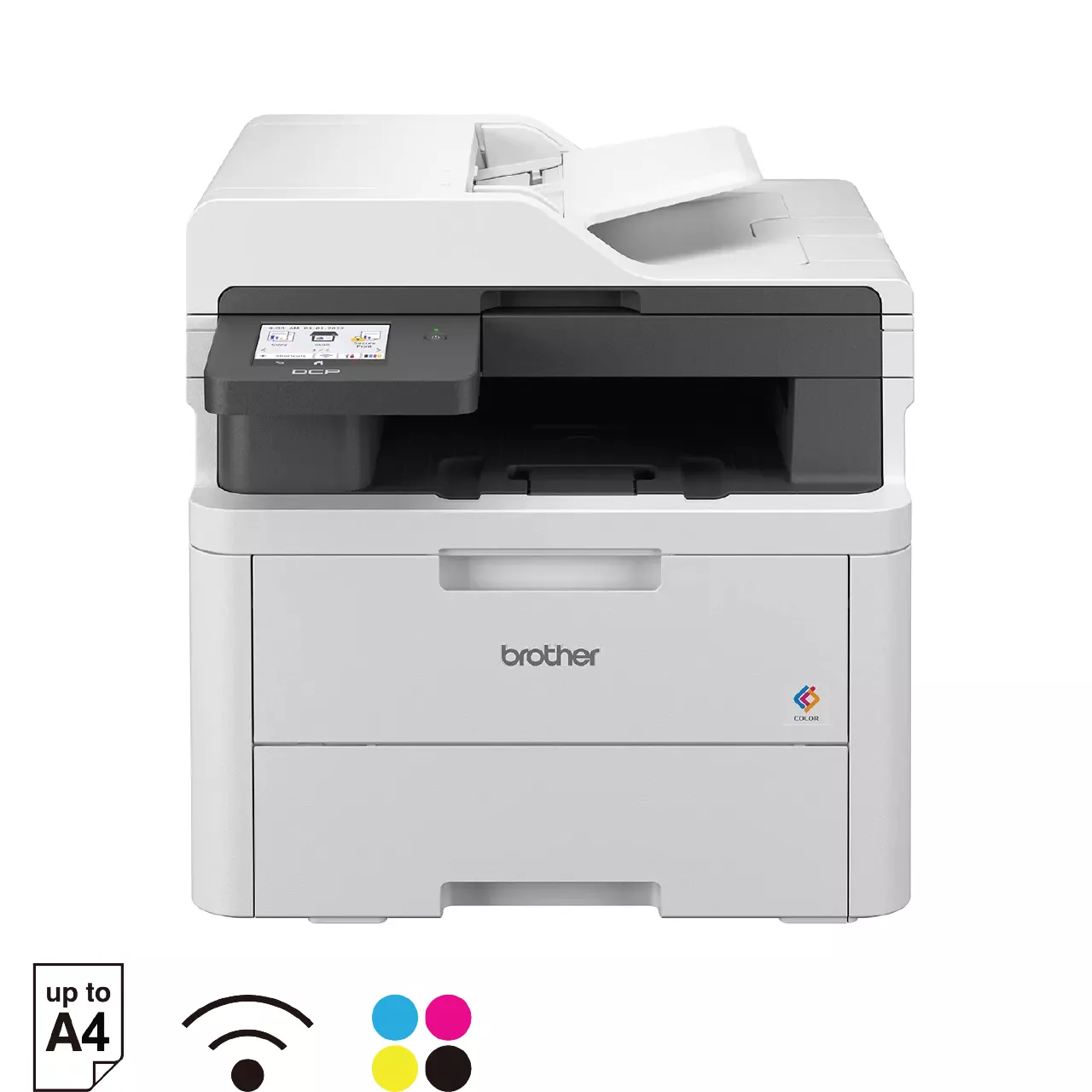 Front view of Brother DCP-L3560CDW colour multi-function printer showing control panel and paper trays.