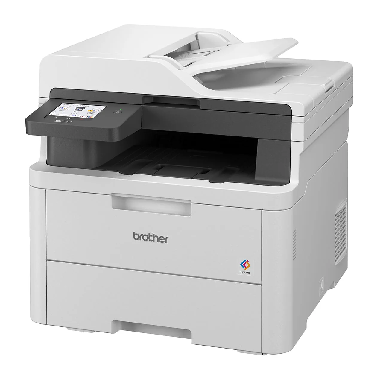 Left side profile of Brother DCP-L3560CDW multi-function printer showing casing depth and document feeder.