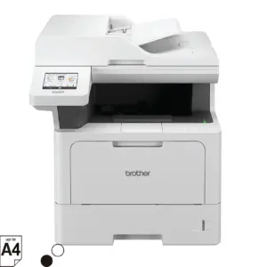 Front three-quarter view of the Brother DCP-L5510DN multi-function mono laser printer on white background.