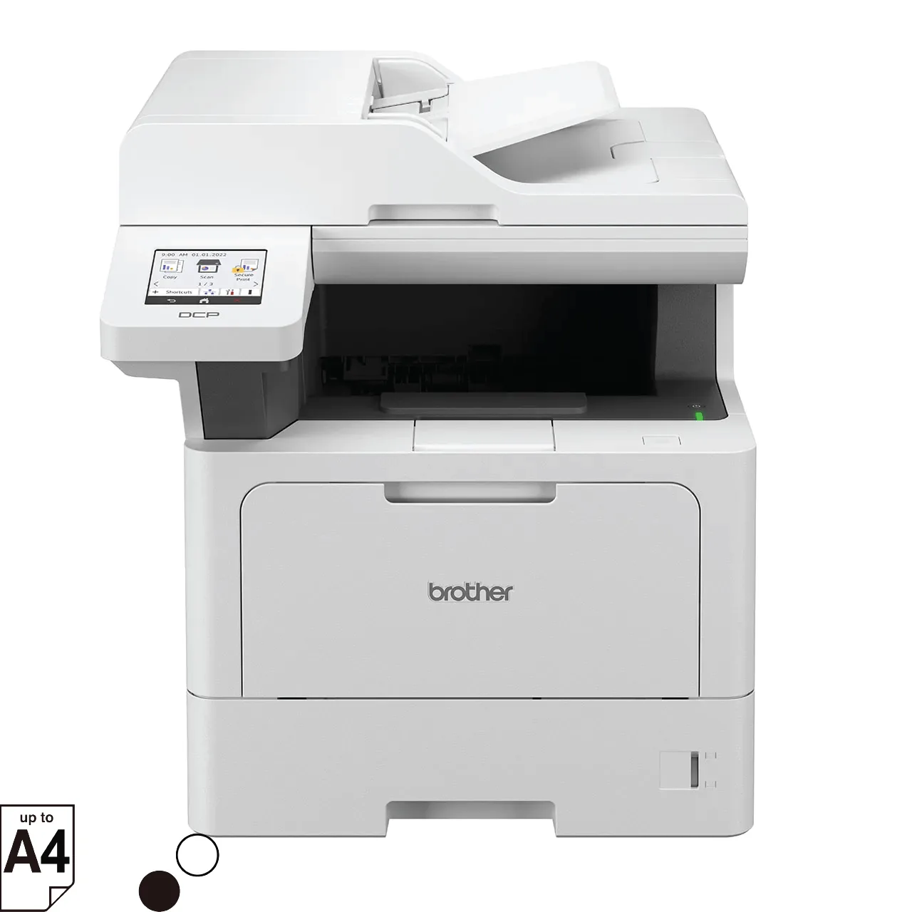 Front three-quarter view of the Brother DCP-L5510DN multi-function mono laser printer on white background.