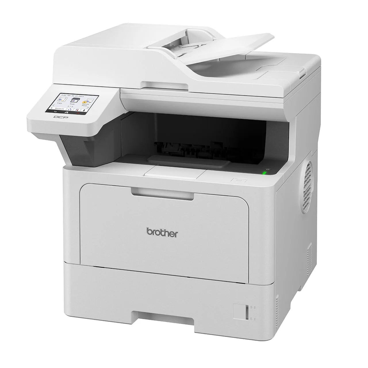 Left profile view showing side panel and paper tray of Brother DCP-L5510DN laser printer.