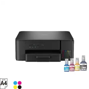 Front view of the Brother DCP-T230 ink tank printer shown with included ink refill bottles.