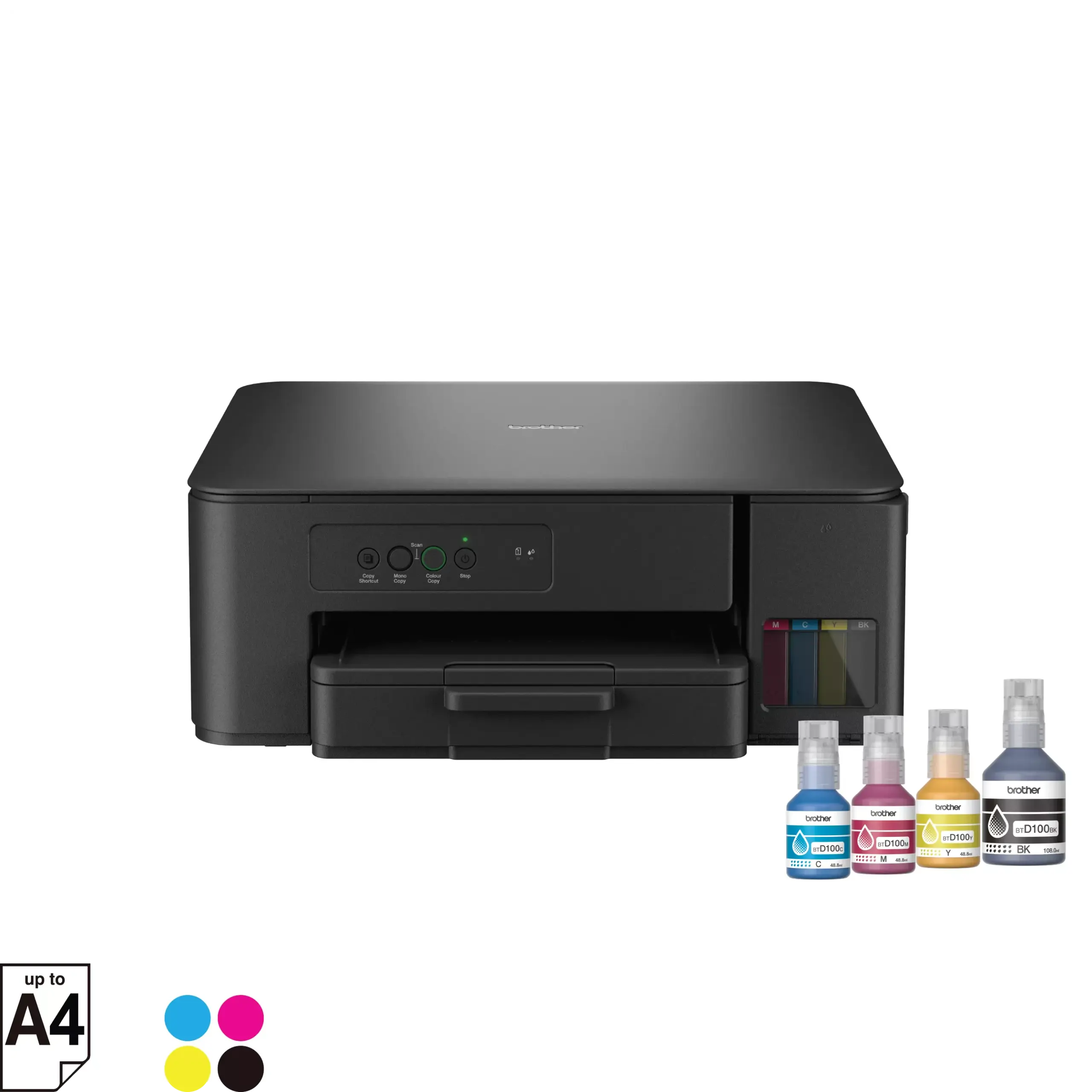 Front view of the Brother DCP-T230 ink tank printer shown with included ink refill bottles.