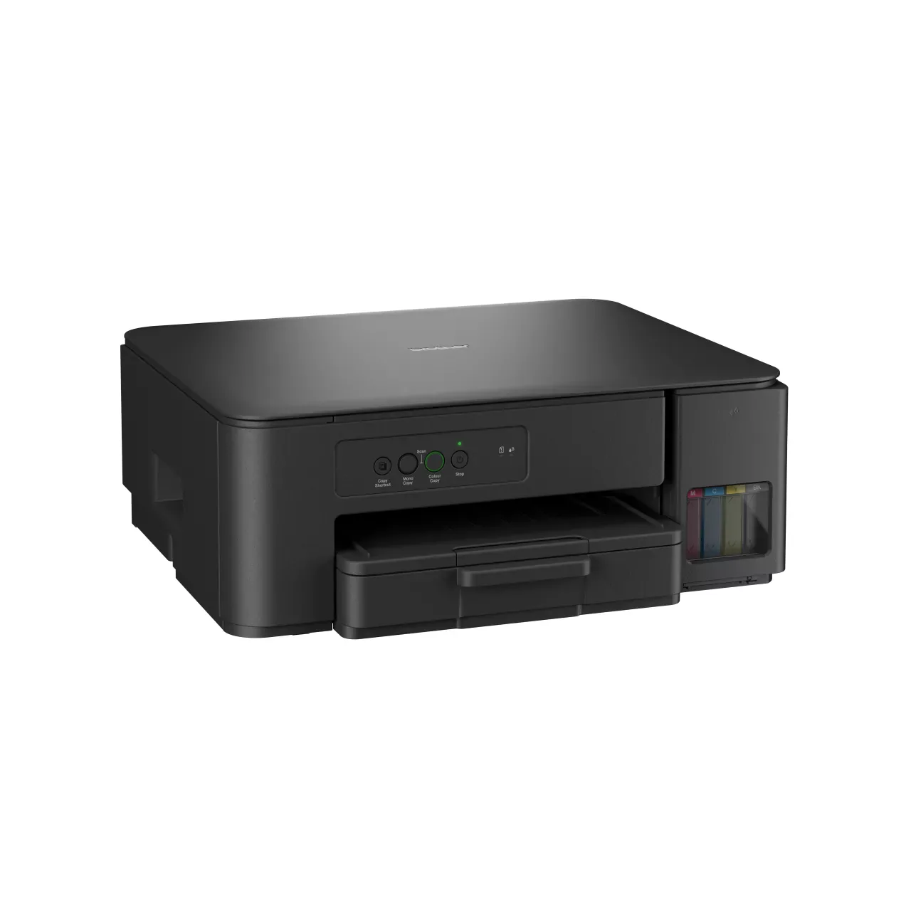 Right three-quarter angle view of the Brother DCP-T230 printer showing the front ink tank window.