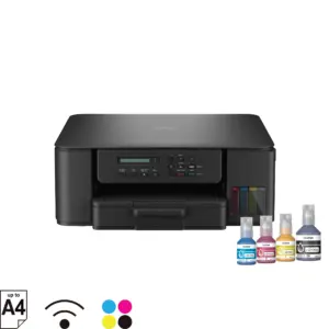 Brother DCP-T530DW ink tank printer displayed with included ink bottles on white background