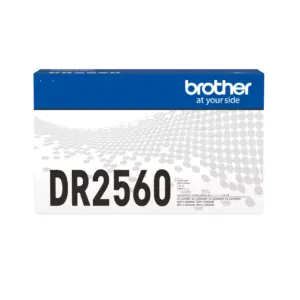 Official retail packaging box for the Brother DR-2560 mono laser drum unit on white.