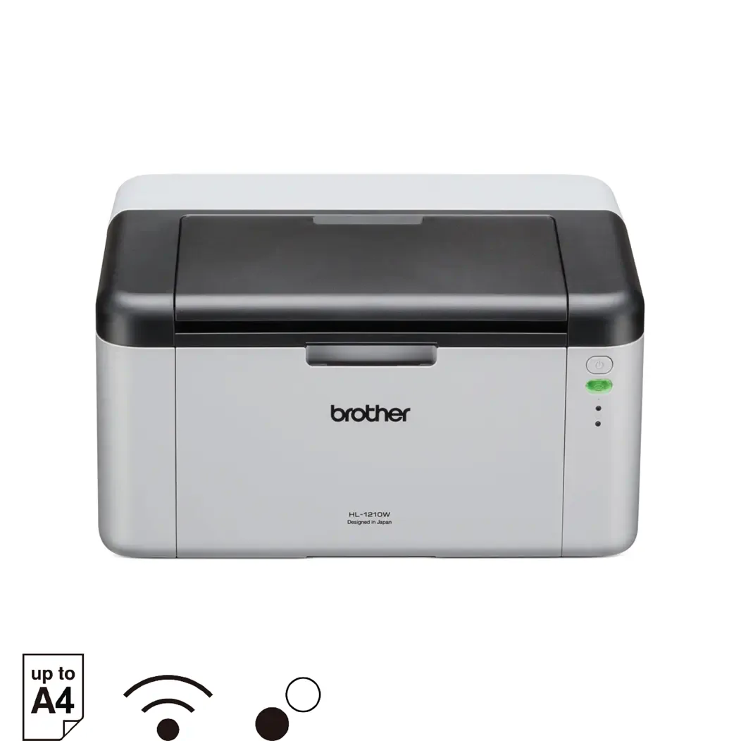 Front three-quarter view of the compact Brother HL-1210W wireless monochrome laser printer.