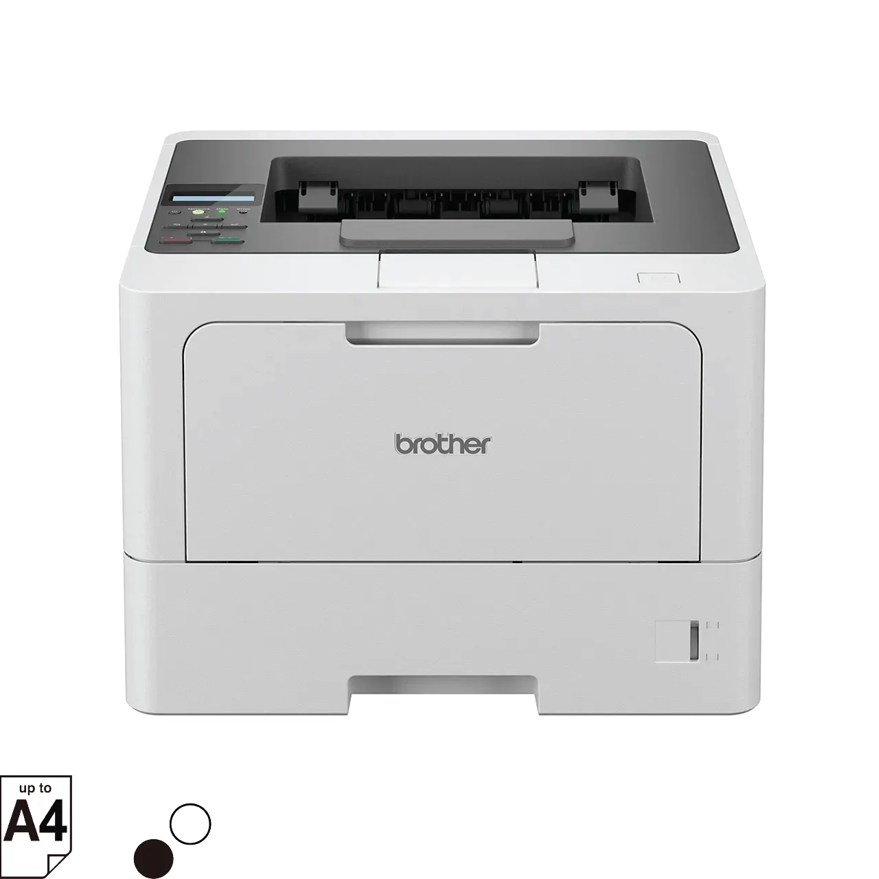 Front three-quarter view of the Brother HL-L5210DN monochrome laser printer on a plain white background.