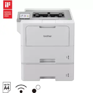 Front angled view of Brother HL-L6415DW monochrome laser printer with colour touchscreen and output tray.