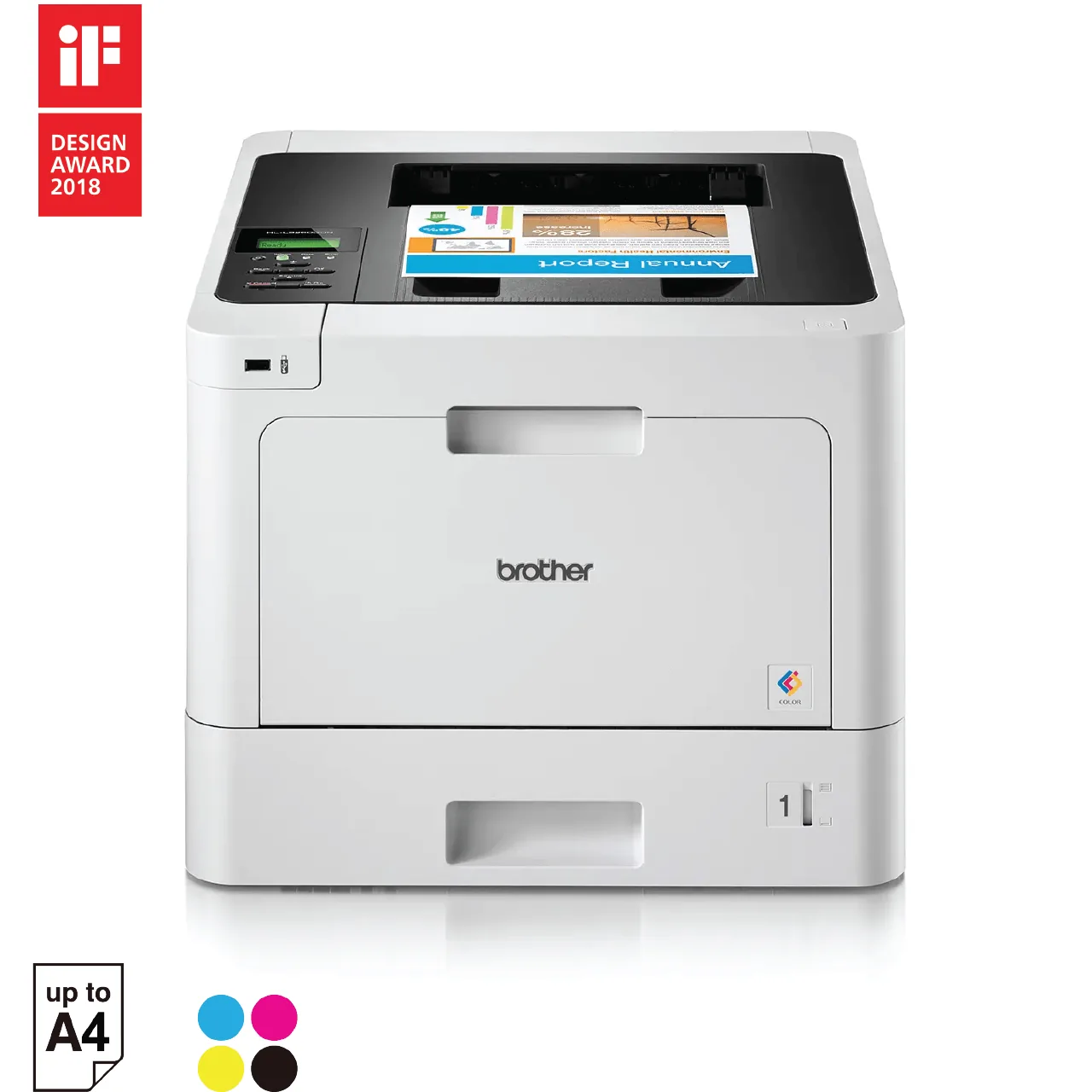 Front three-quarter view of the Brother HL-L8260CDN colour laser printer showing paper tray and controls