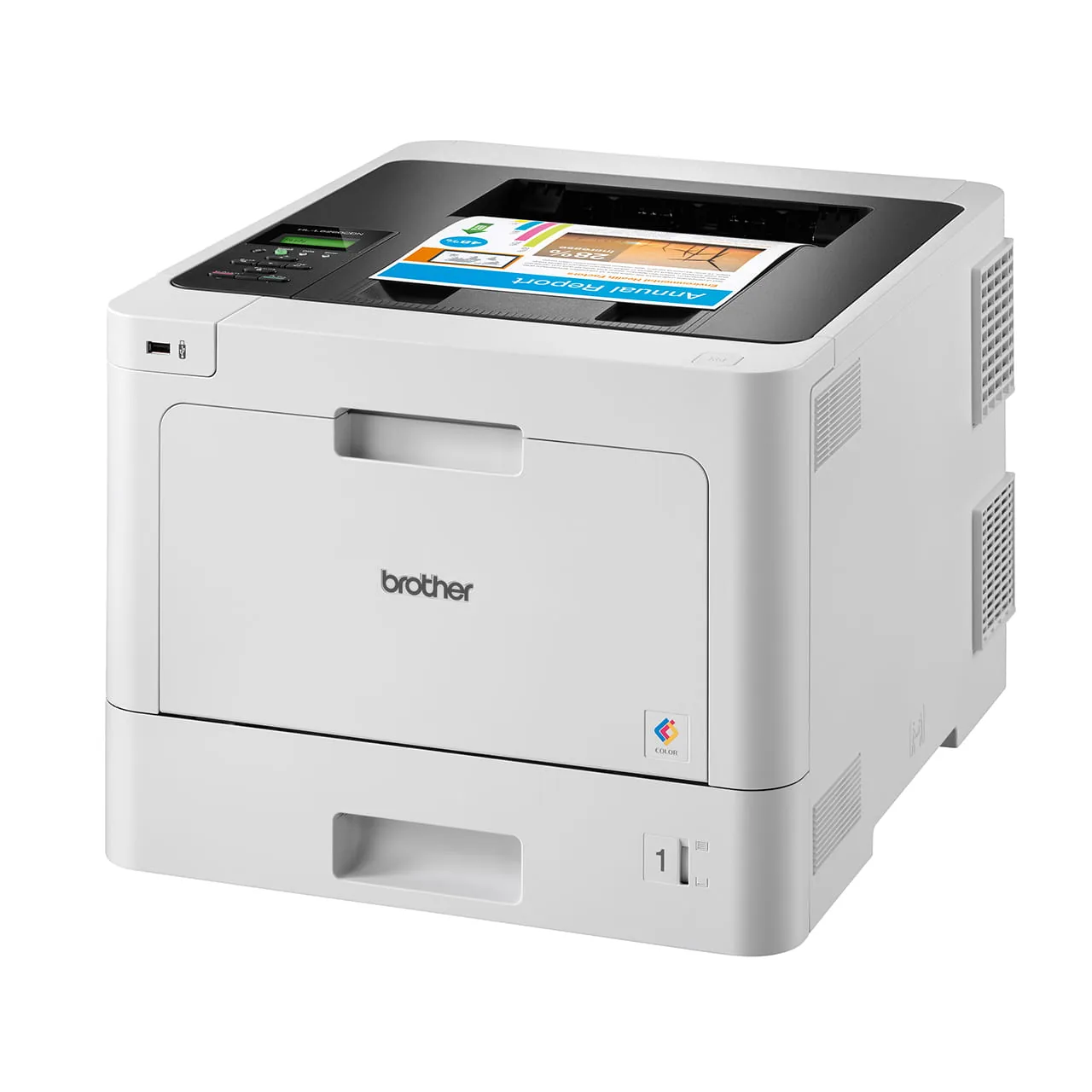 Side profile angle view of the Brother HL-L8260CDN colour laser printer against white background
