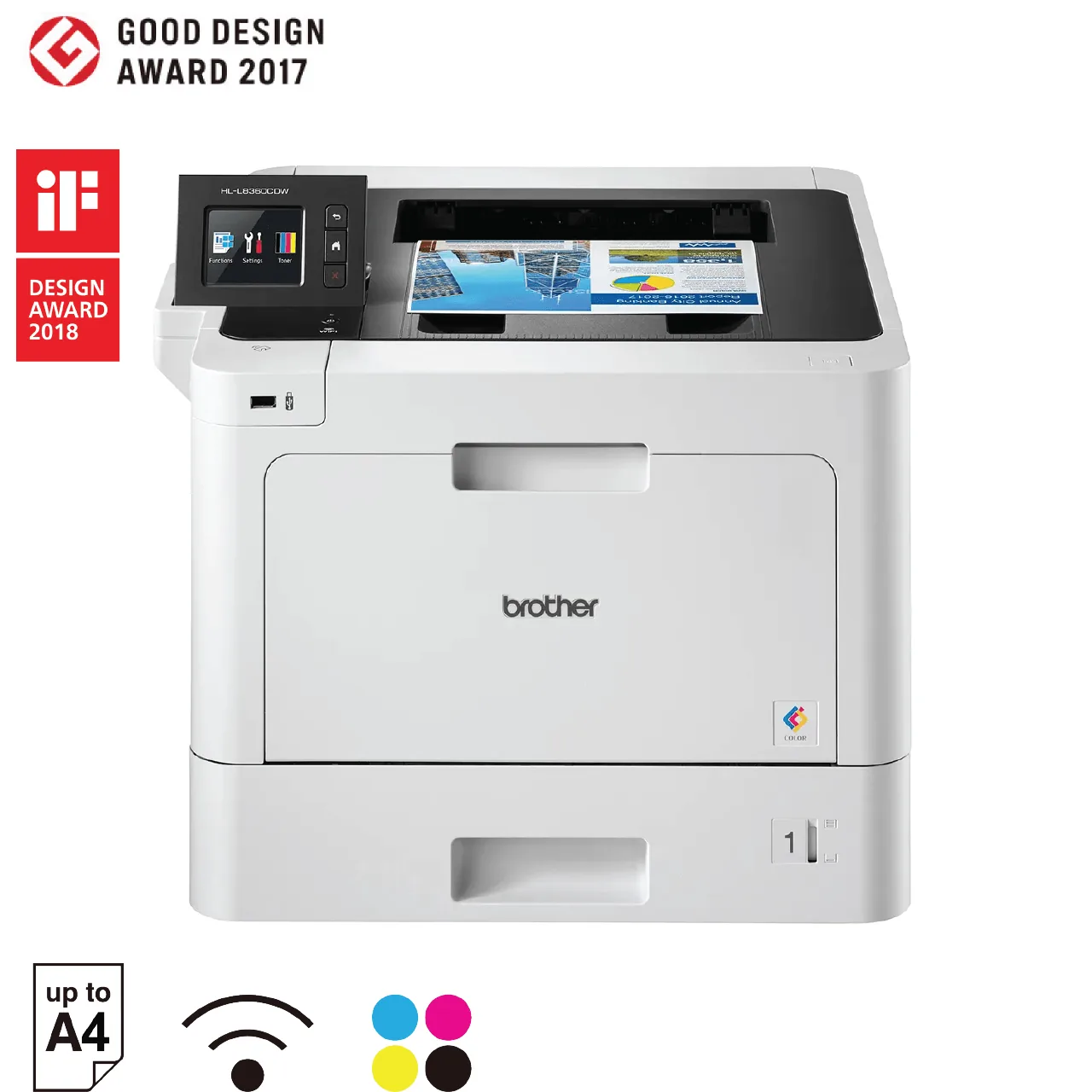 Front three-quarter view of the Brother HL-L8360CDW colour laser printer showing paper tray and touchscreen.