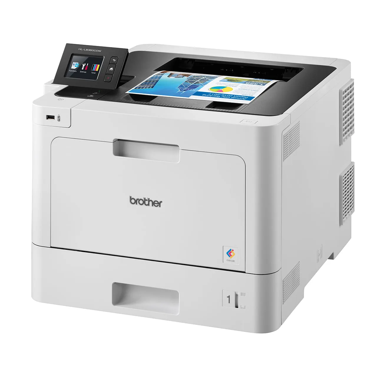 Left side profile view of the white Brother HL-L8360CDW colour laser printer casing.