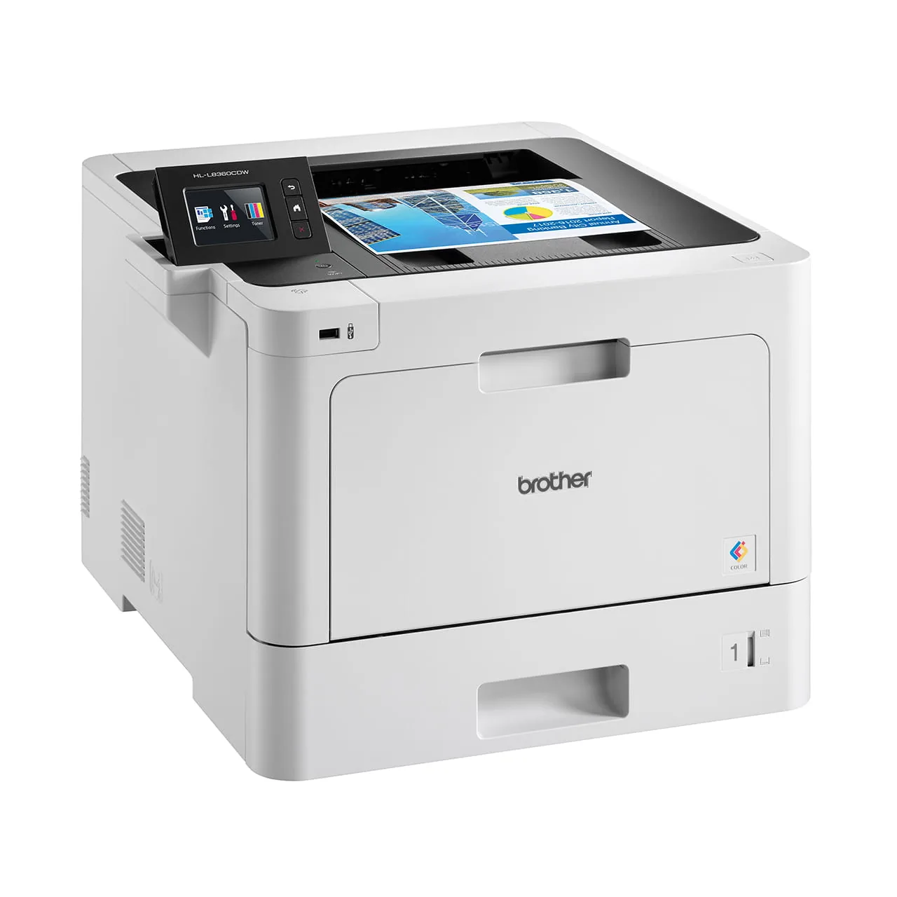 Right side profile view of the Brother HL-L8360CDW colour laser printer showing side ventilation vents.