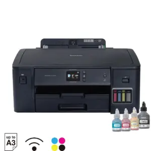 Front three-quarter view of the Brother HL-T4000DW A3 ink tank printer showing paper output tray