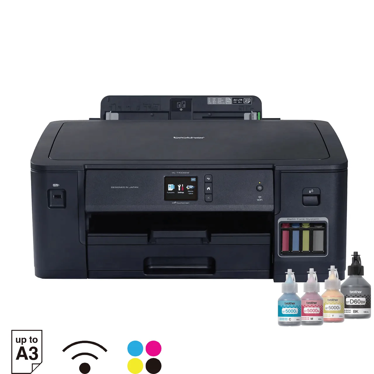 Front three-quarter view of the Brother HL-T4000DW A3 ink tank printer showing paper output tray