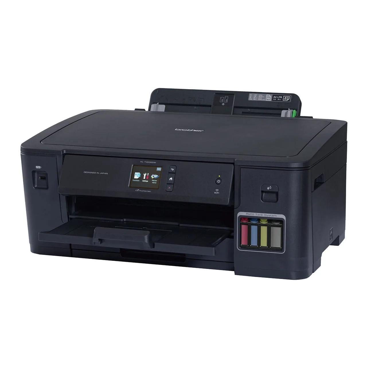 Left side profile angle of Brother HL-T4000DW colour printer showing side panel casing