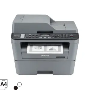 Front three-quarter view of the Brother MFC-L2700D monochrome laser multi-function printer on a white background