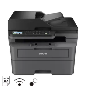 Front three-quarter view of the Brother MFC-L2805DW laser printer showing paper tray and document feeder
