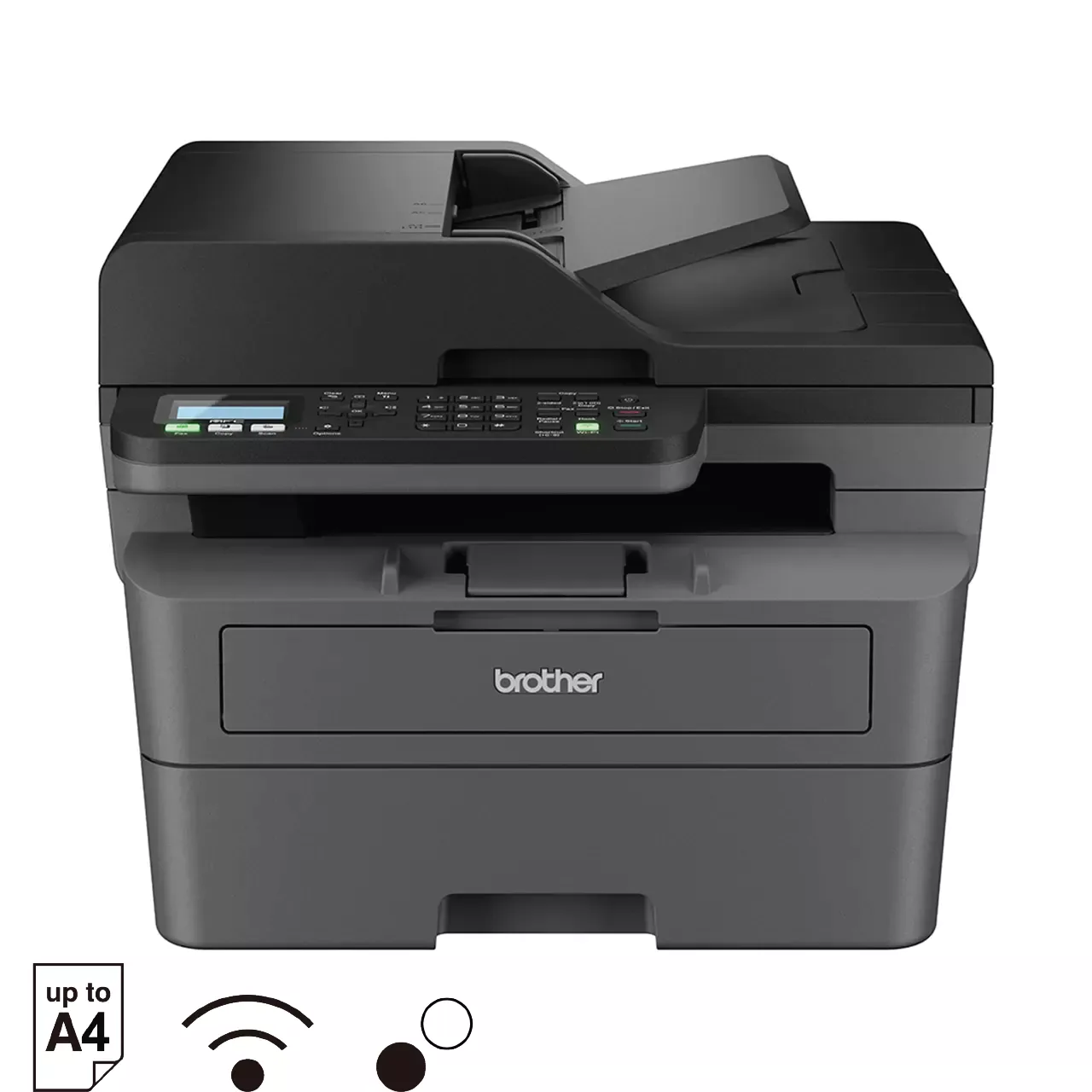 Front three-quarter view of the Brother MFC-L2805DW laser printer showing paper tray and document feeder