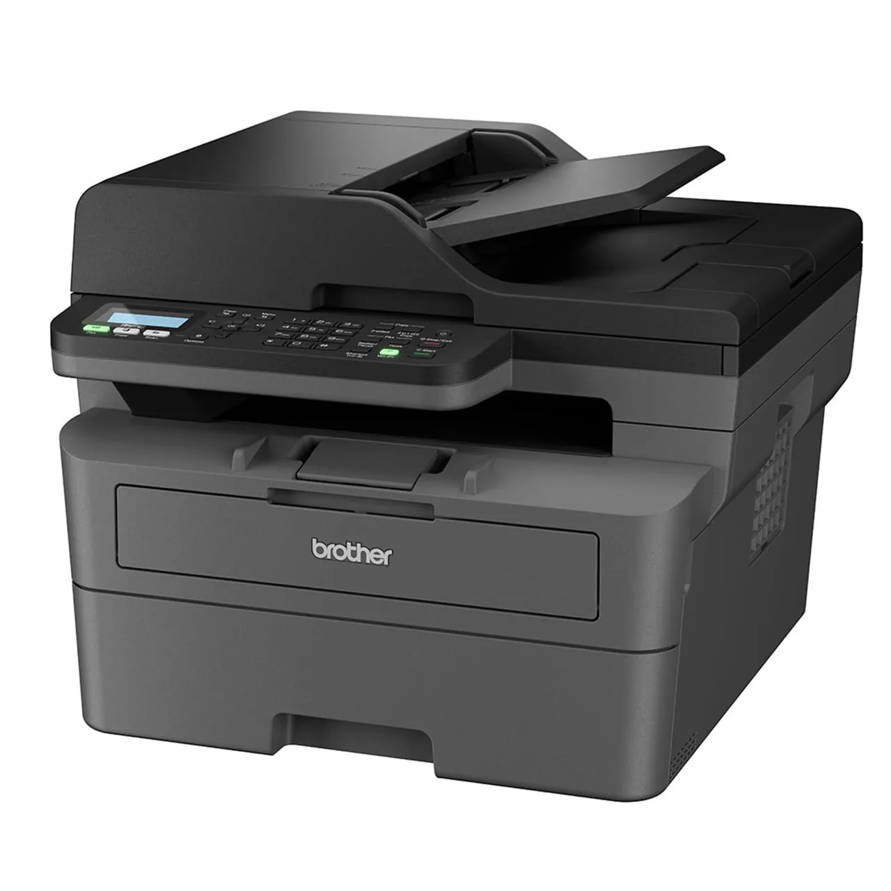Left profile view of the compact Brother MFC-L2805DW mono laser multi-function printer on plain white