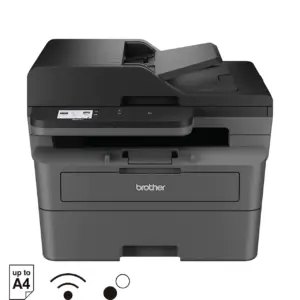 Front three-quarter view of the Brother MFC-L2885DW laser printer showing touch display and feeder