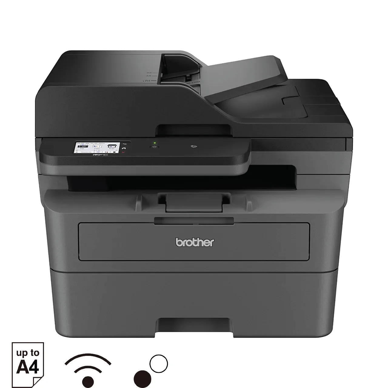 Front three-quarter view of the Brother MFC-L2885DW laser printer showing touch display and feeder