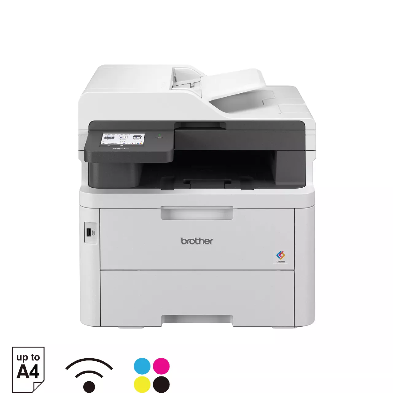 Front view of Brother MFC-L3760CDW colour multi-function printer showing touchscreen and document feeder.