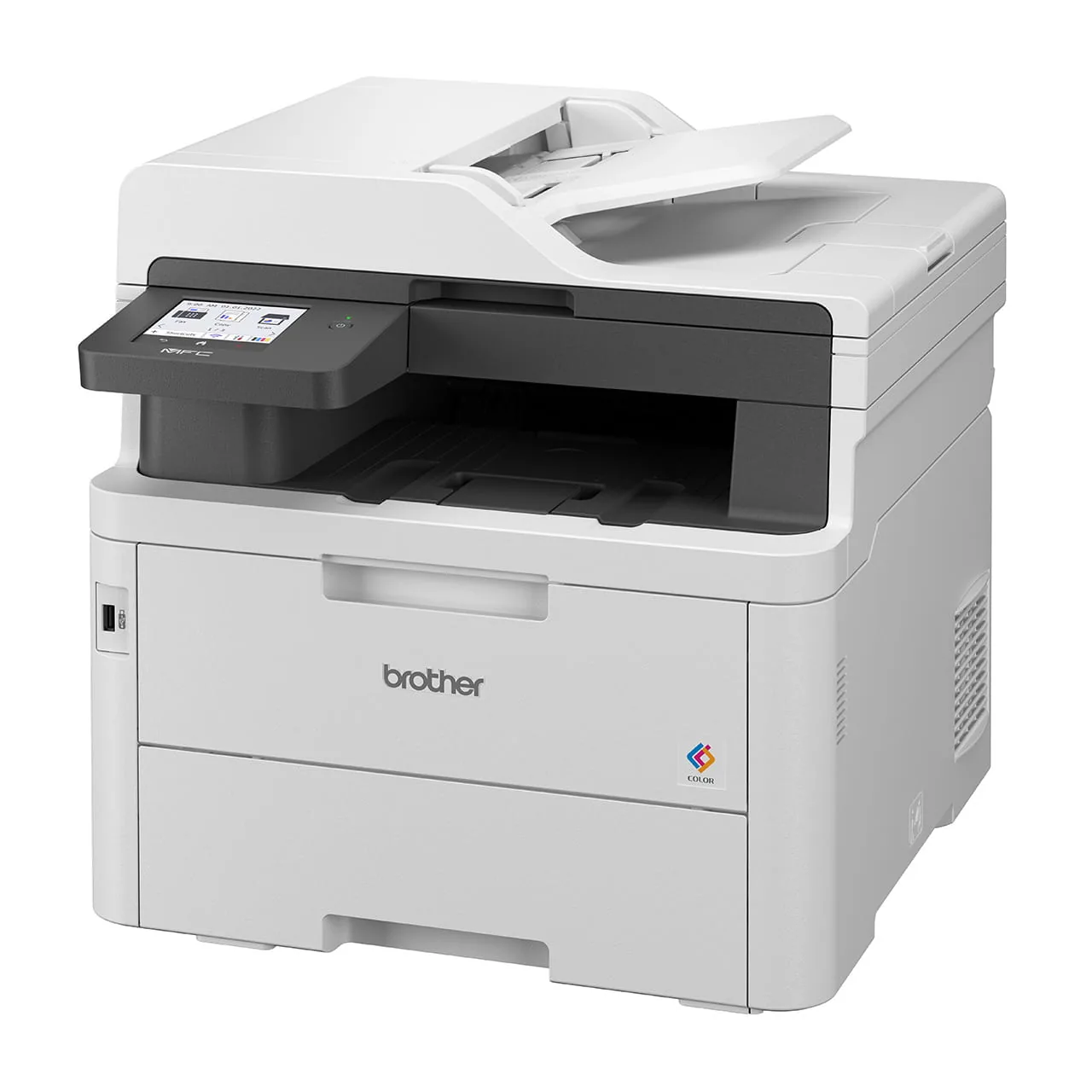 Left side angle view of the Brother MFC-L3760CDW colour multi-function printer on a white background.