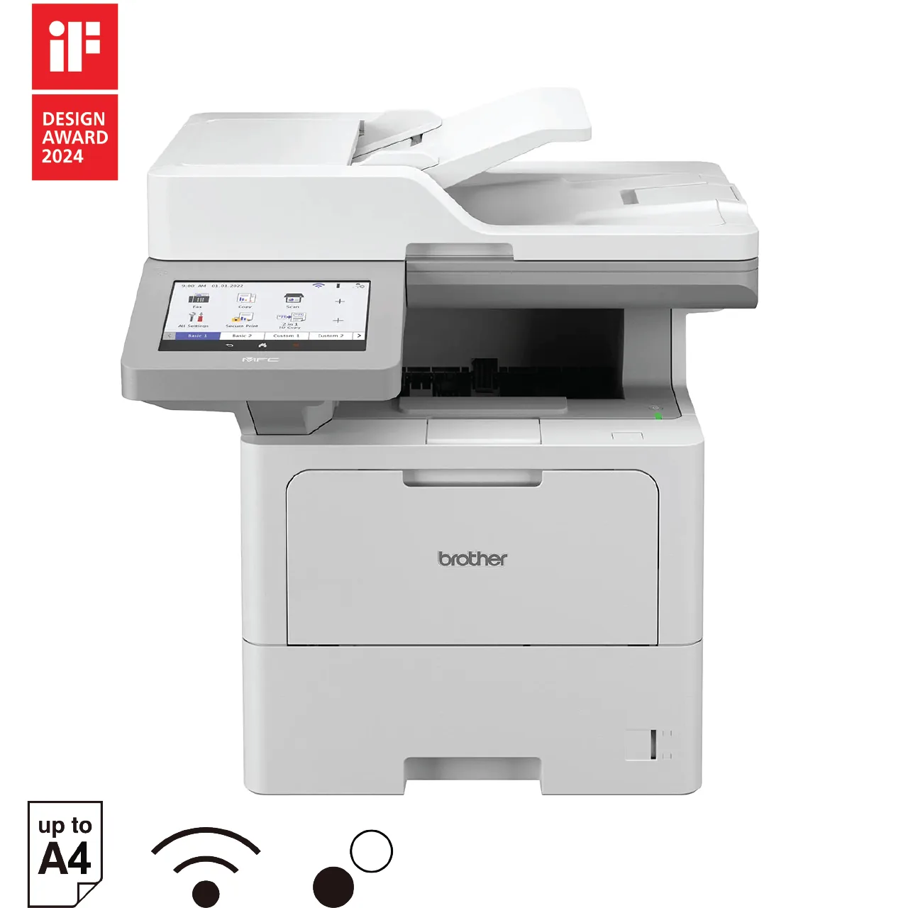 Front three-quarter view of the Brother MFC-L6915DW multifunction laser printer on white background