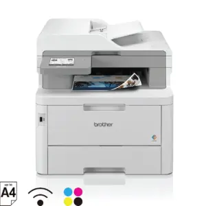 Front view of the Brother MFC-L8340CDW colour multi-function printer showing touchscreen and paper trays.