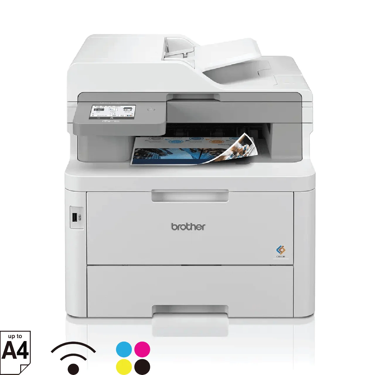 Front view of the Brother MFC-L8340CDW colour multi-function printer showing touchscreen and paper trays.