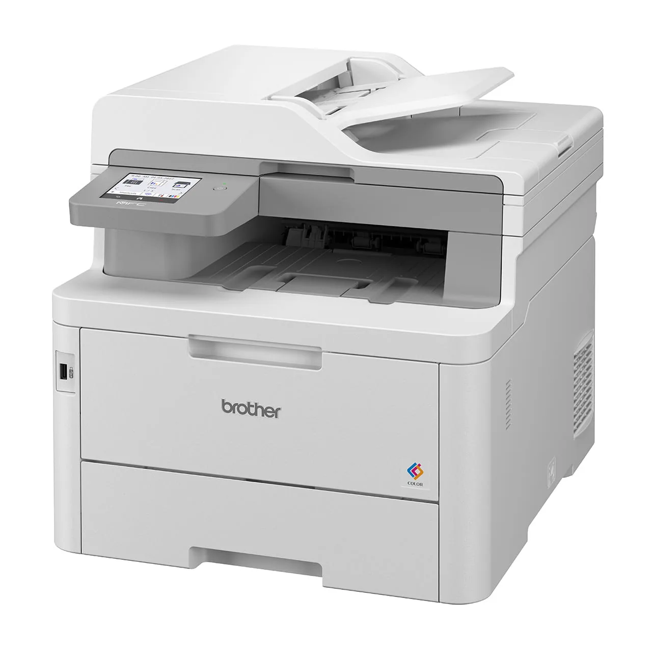Left side view of the Brother MFC-L8340CDW colour printer showing casing profile and ventilation grilles.