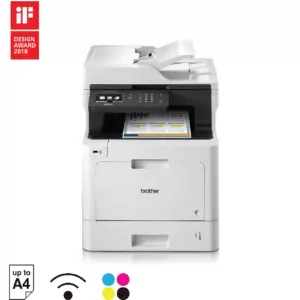 Front three-quarter view of the Brother MFC-L8690CDW colour laser multi-function printer on white background.
