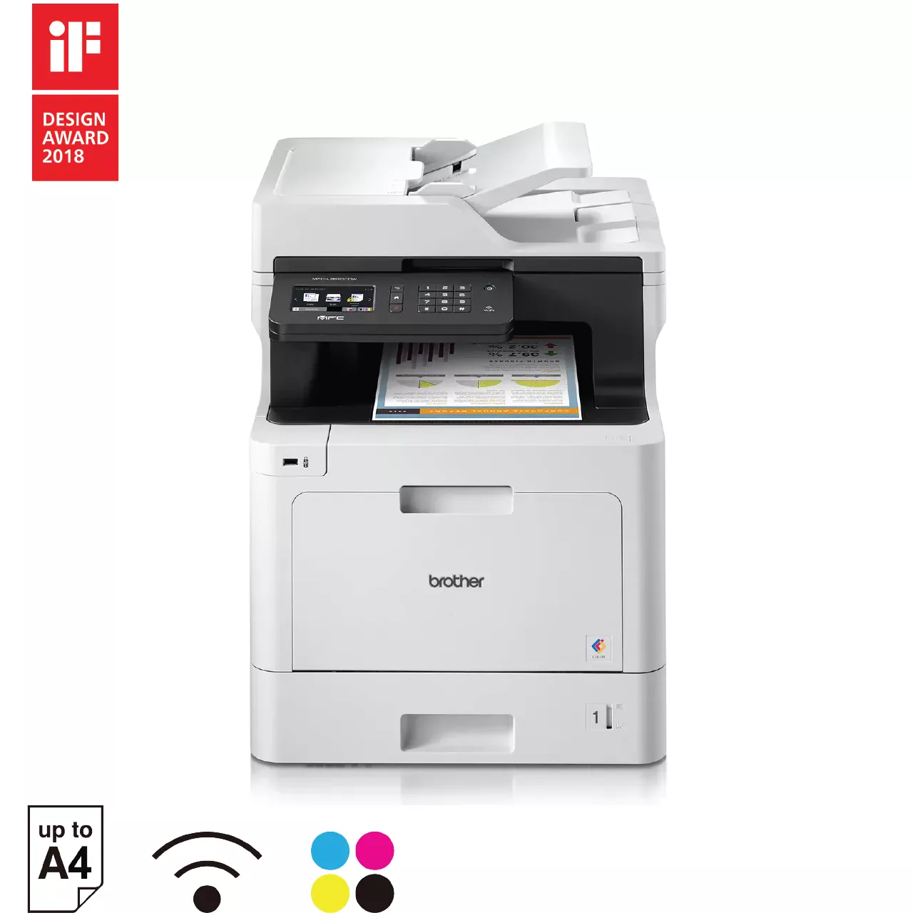 Front three-quarter view of the Brother MFC-L8690CDW colour laser multi-function printer on white background.