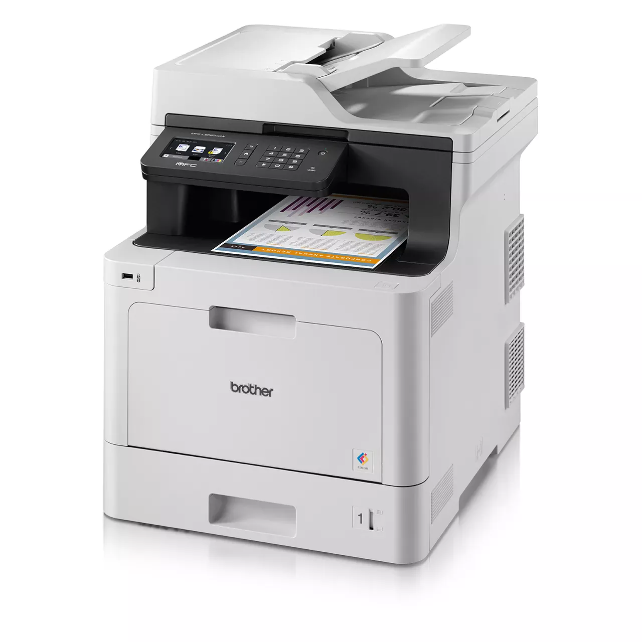 Left profile view of the Brother MFC-L8690CDW colour laser multi-function printer showing side casing.