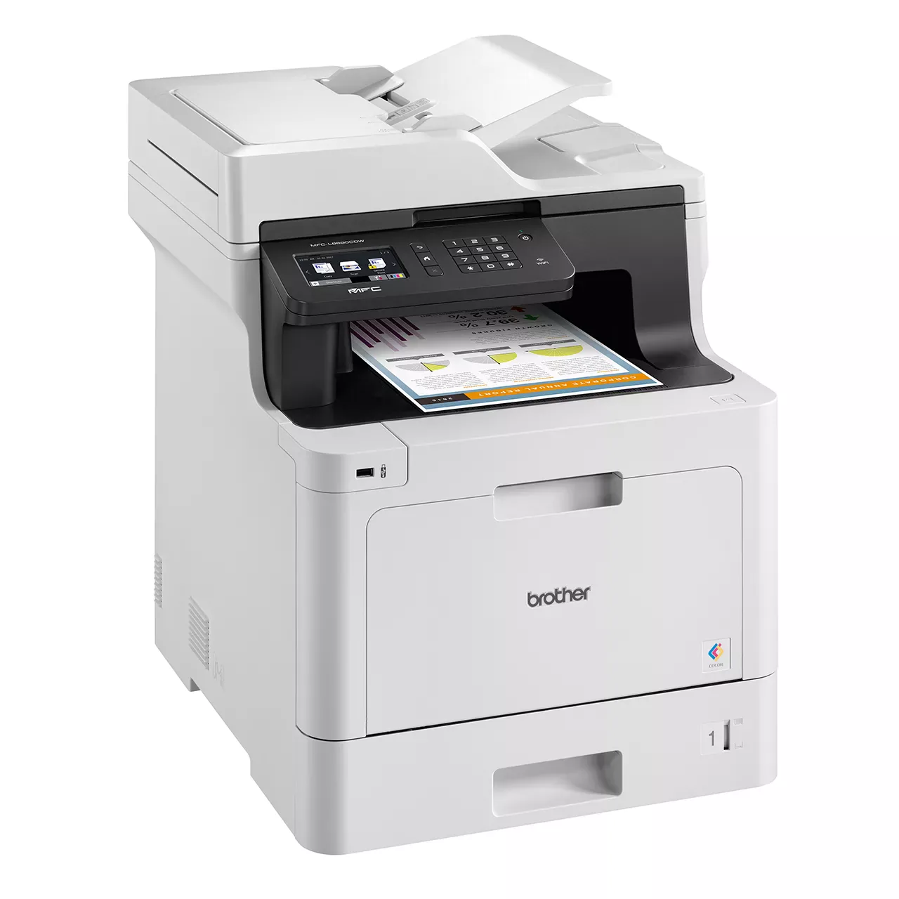 Right profile view of the Brother MFC-L8690CDW colour laser multi-function printer showing side panel.