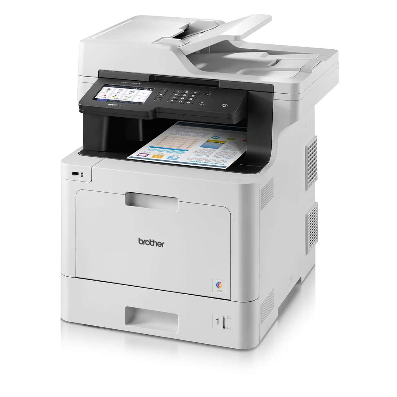 Left angled side view showing the paper trays and profile of the Brother MFC-L8900CDW printer.