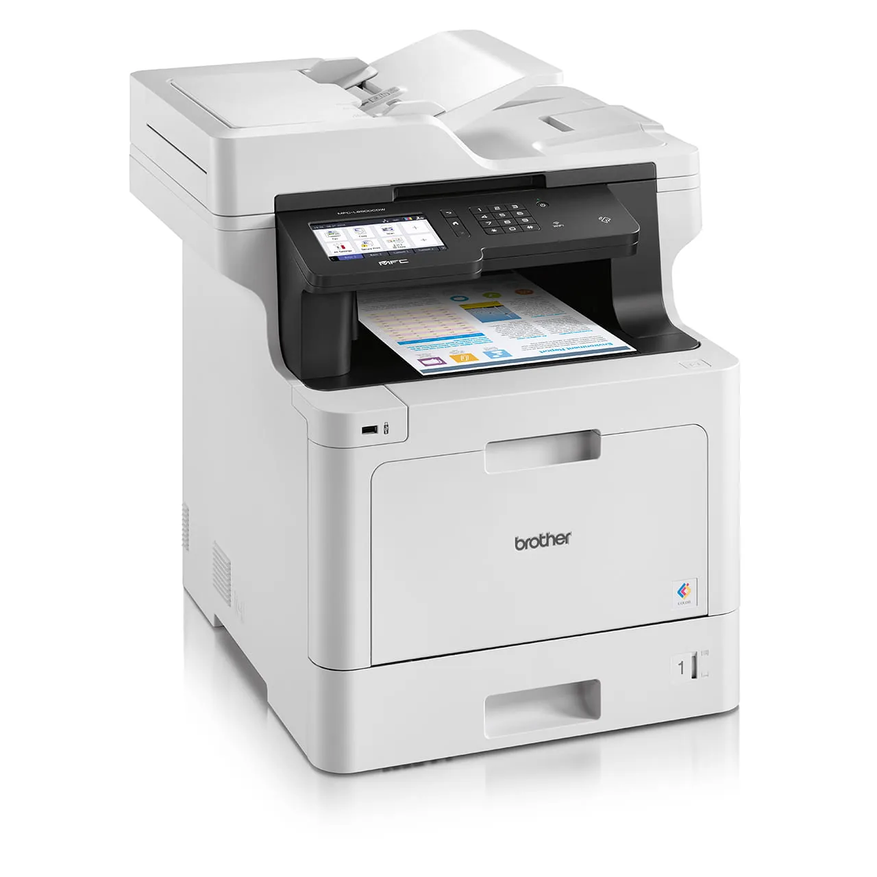 Right angled view displaying the touchscreen interface and document feeder of the Brother MFC-L8900CDW.