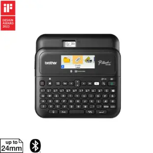 Front view of the Brother PT-D610BT desktop label printer with colour screen and keyboard on white