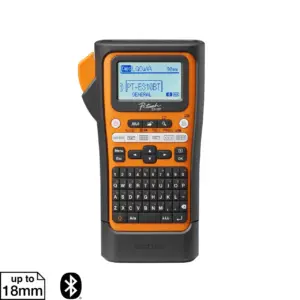 Front view of the Brother PT-E310BTVP handheld label printer showing display and QWERTY keyboard