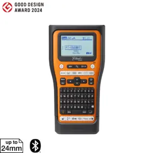 Brother PT-E560BTVP handheld industrial label printer with screen and QWERTY keyboard on white background