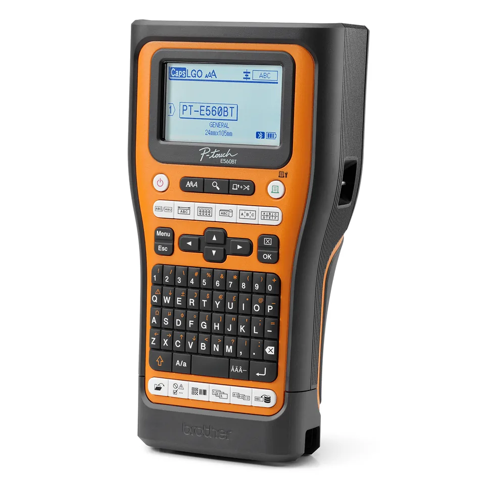 Left side view of the Brother PT-E560BTVP handheld label printer showing casing profile