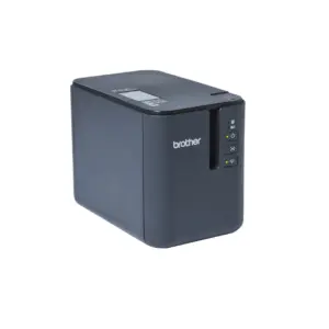 Three-quarter view of the compact black Brother PT-P900W desktop label printer against a white background