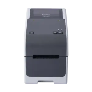 Front view of the Brother TD-2320D desktop direct thermal label printer on a white background.