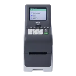 Front view of the Brother TD-2320DSA label printer showing the colour touch screen and keypad.