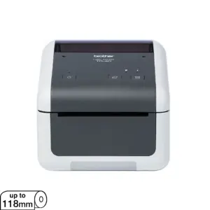 Front angled view of the Brother TD-4410D desktop direct thermal label printer on white background.